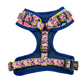Navy Blue adjustable harness with floral spring-time pattern for dogs