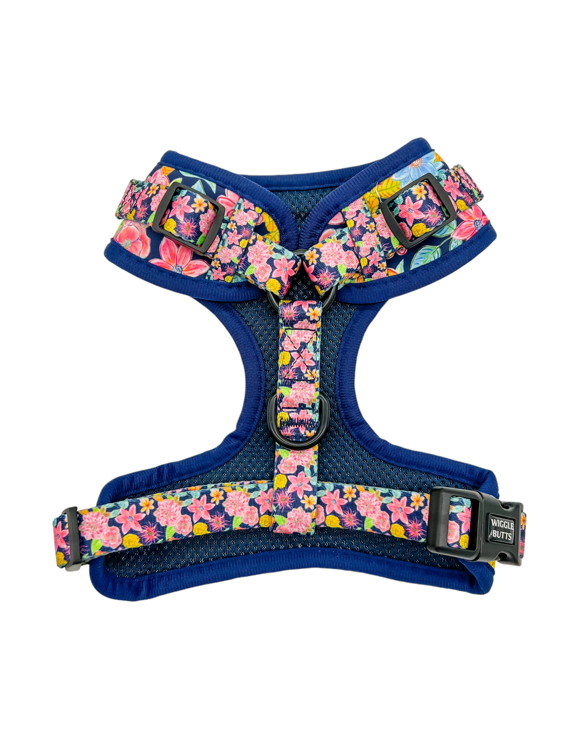 Navy Blue adjustable harness with floral spring-time pattern for dogs